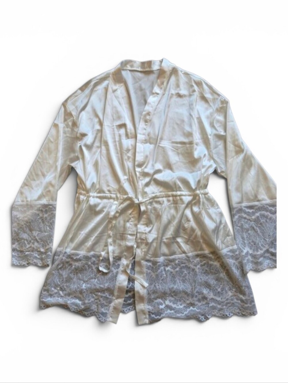 Silcola White Satin Kimono Robe Lace Trim Tie V-Neck Long Sleeve Women M